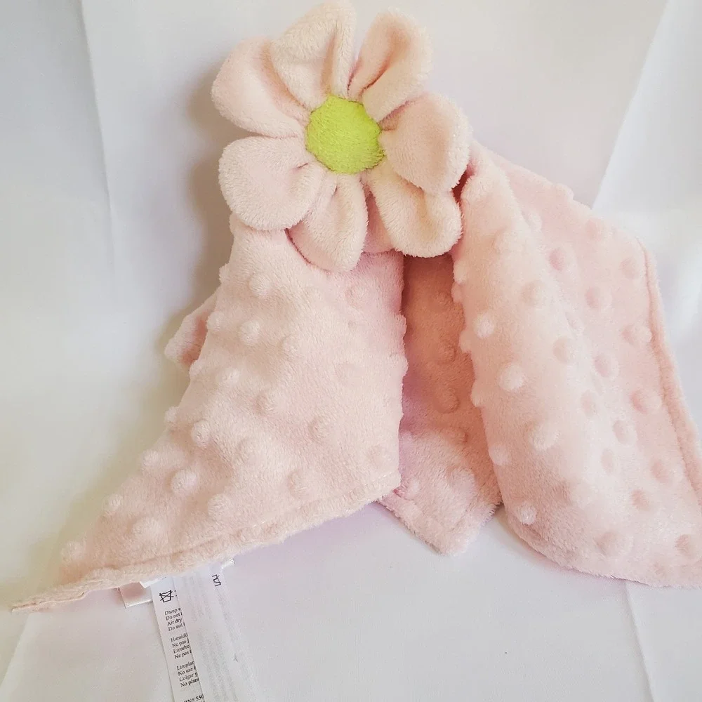 Elegant Baby Pink Flower Daisy Lovey Security Blanket Minky‎ Dots Satin Soft Toy